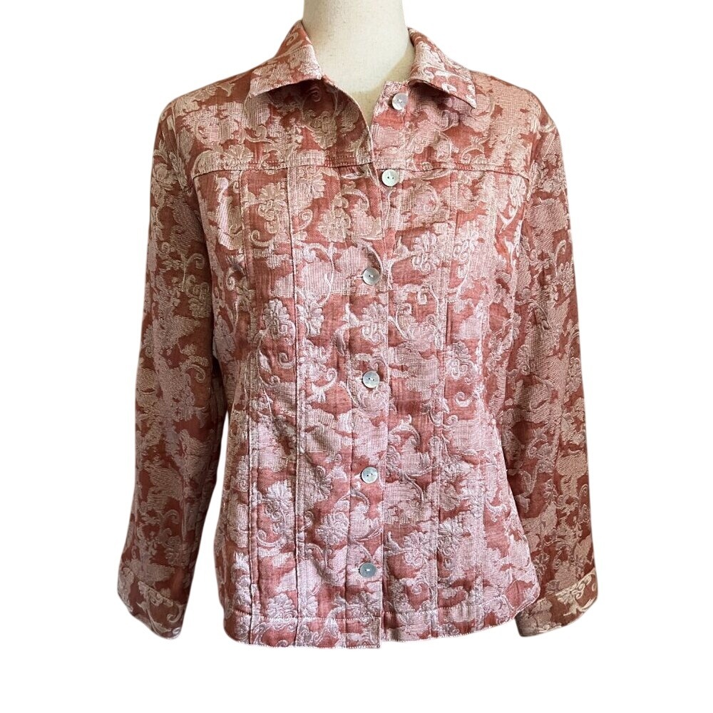 Chico's Womens Jacquard Paisley Jacket Pink Tapestry Size 1 Cottage Core